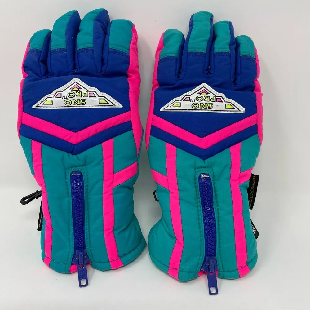 Vtg Thinsulate Cherokee Girl's Ski Gloves Snow Retro Neon Blue Pink Green Sz 7